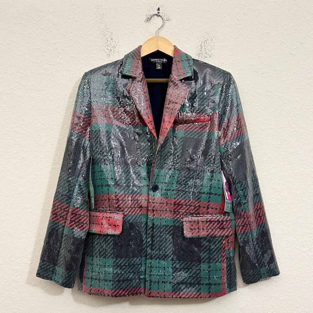 JOHNNY WUJEK Blazer Green Red Plaid Sequin Holiday Glam Sparkle NWT